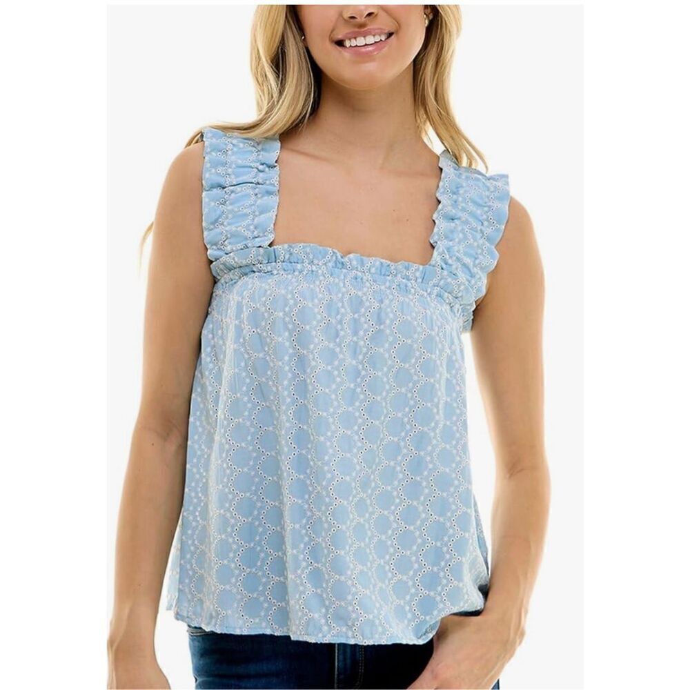 Aqua Eyelet Top Size Large Blue Ruffle Pullover Wide Strap Woven Tank NEW